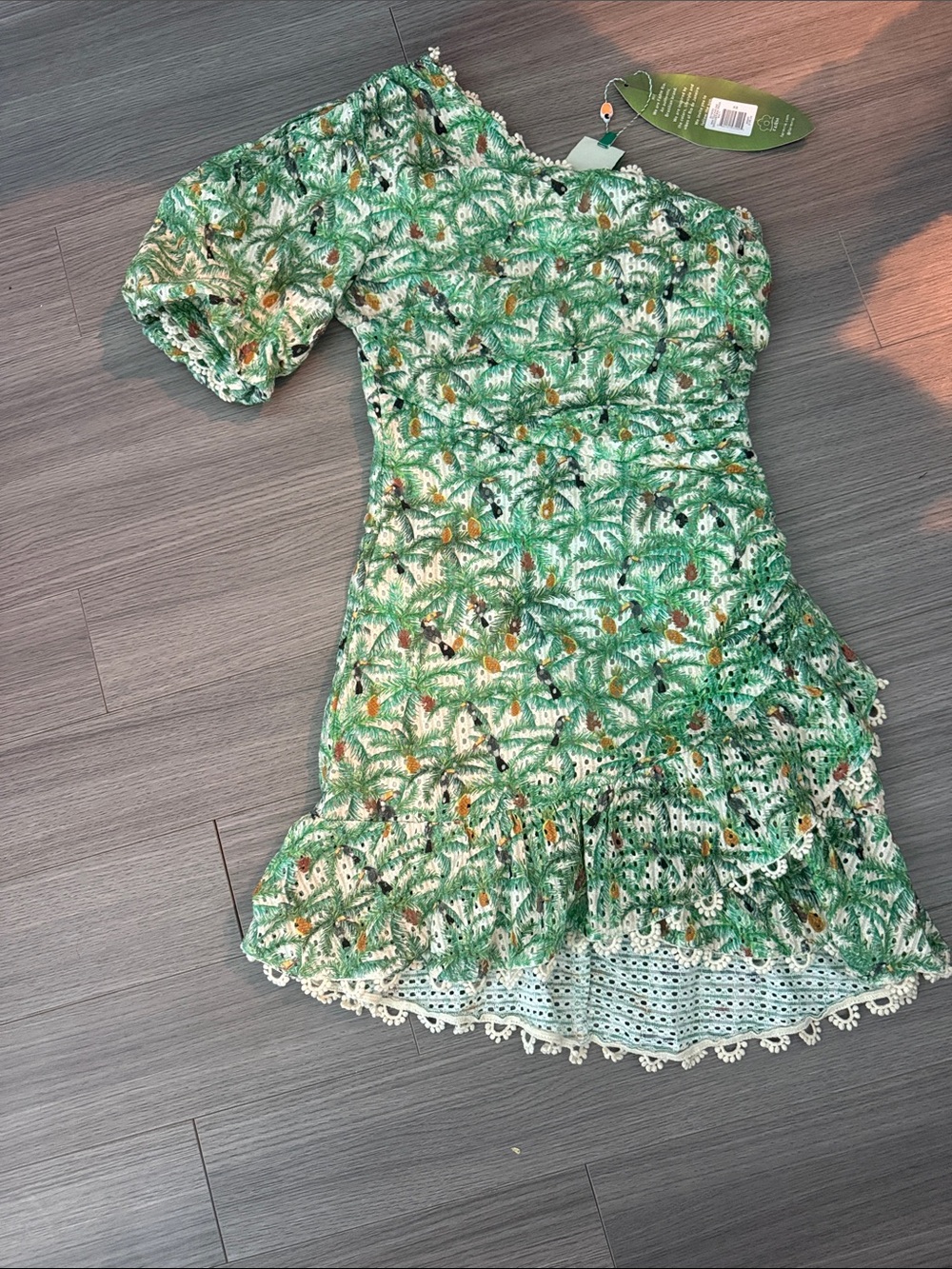 FARM Rio Green Tropical One-Shoulder Mini Dress